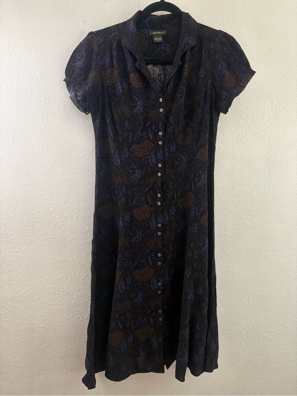 Eddie Bauer short-sleeve button-front rayon dress dark purple and black floral 6